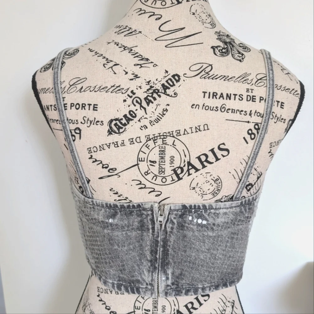 ZARA | Women's Grey TRF Sequined Fil Denim Crop Top NWOT - Picture 10 of 11